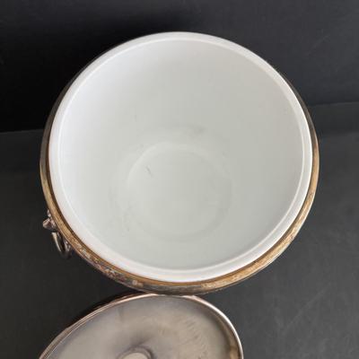 LOT 92: Sheffield Silve Plated Ice Bucket w/Lion Handles, Etched Pink Depressio Glasses (2), Etched Pilsner Glasses (3), MCM Gold Oak...