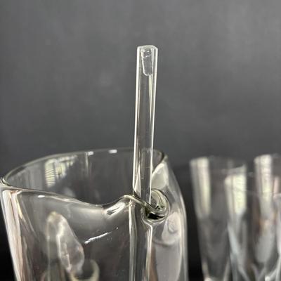 LOT 92: Sheffield Silve Plated Ice Bucket w/Lion Handles, Etched Pink Depressio Glasses (2), Etched Pilsner Glasses (3), MCM Gold Oak...