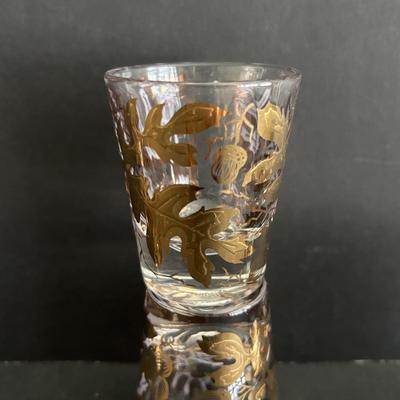 LOT 92: Sheffield Silve Plated Ice Bucket w/Lion Handles, Etched Pink Depressio Glasses (2), Etched Pilsner Glasses (3), MCM Gold Oak...