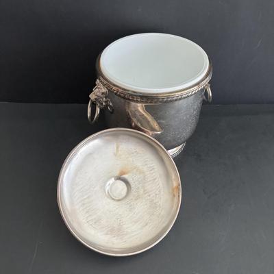 LOT 92: Sheffield Silve Plated Ice Bucket w/Lion Handles, Etched Pink Depressio Glasses (2), Etched Pilsner Glasses (3), MCM Gold Oak...