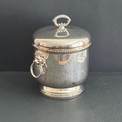 LOT 92: Sheffield Silve Plated Ice Bucket w/Lion Handles, Etched Pink Depressio Glasses (2), Etched Pilsner Glasses (3), MCM Gold Oak...