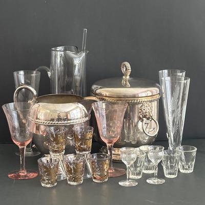 LOT 92: Sheffield Silve Plated Ice Bucket w/Lion Handles, Etched Pink Depressio Glasses (2), Etched Pilsner Glasses (3), MCM Gold Oak...