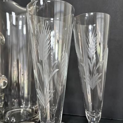 LOT 92: Sheffield Silve Plated Ice Bucket w/Lion Handles, Etched Pink Depressio Glasses (2), Etched Pilsner Glasses (3), MCM Gold Oak...