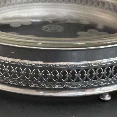 LOT 93: Beautiful Swirl Glass Footed Cornacopia, Etched Pyrex Serving Dishes w/Metal Holders & Etched Floral Condiment Set