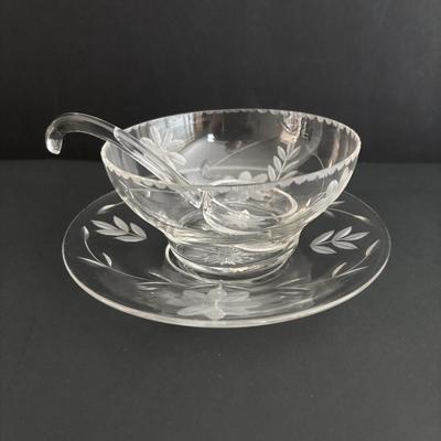 LOT 93: Beautiful Swirl Glass Footed Cornacopia, Etched Pyrex Serving Dishes w/Metal Holders & Etched Floral Condiment Set