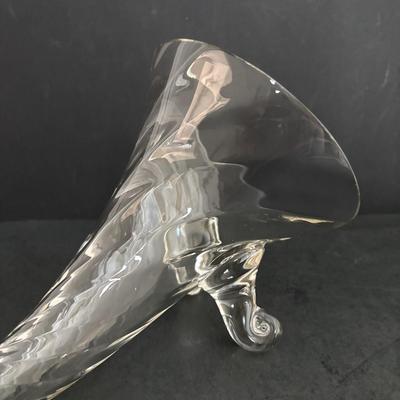LOT 93: Beautiful Swirl Glass Footed Cornacopia, Etched Pyrex Serving Dishes w/Metal Holders & Etched Floral Condiment Set