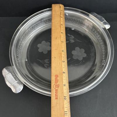 LOT 93: Beautiful Swirl Glass Footed Cornacopia, Etched Pyrex Serving Dishes w/Metal Holders & Etched Floral Condiment Set