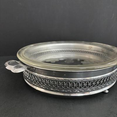 LOT 93: Beautiful Swirl Glass Footed Cornacopia, Etched Pyrex Serving Dishes w/Metal Holders & Etched Floral Condiment Set
