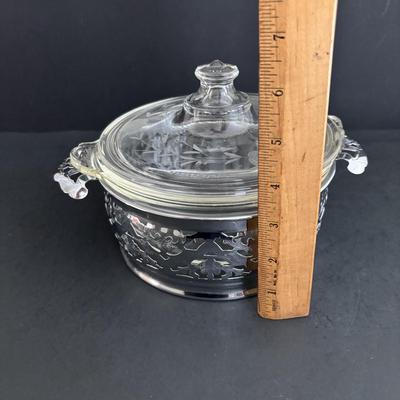 LOT 93: Beautiful Swirl Glass Footed Cornacopia, Etched Pyrex Serving Dishes w/Metal Holders & Etched Floral Condiment Set