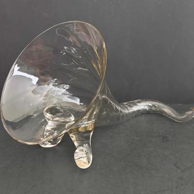 LOT 93: Beautiful Swirl Glass Footed Cornacopia, Etched Pyrex Serving Dishes w/Metal Holders & Etched Floral Condiment Set