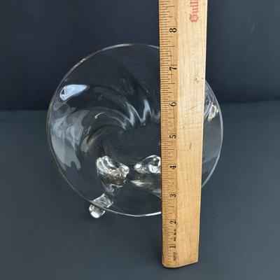 LOT 93: Beautiful Swirl Glass Footed Cornacopia, Etched Pyrex Serving Dishes w/Metal Holders & Etched Floral Condiment Set