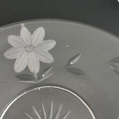 LOT 93: Beautiful Swirl Glass Footed Cornacopia, Etched Pyrex Serving Dishes w/Metal Holders & Etched Floral Condiment Set