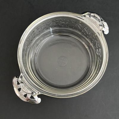 LOT 93: Beautiful Swirl Glass Footed Cornacopia, Etched Pyrex Serving Dishes w/Metal Holders & Etched Floral Condiment Set