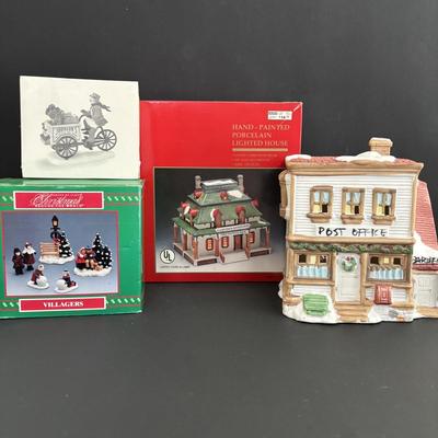 LOT 96: Holiday Village Collection: Lemax Hackensack First National Bank, Rex & Lee Post Office, Dept 56 Johnsons Grocery, House of...