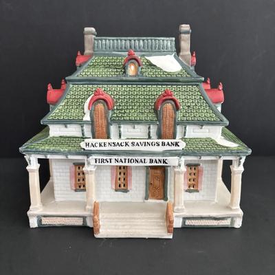 LOT 96: Holiday Village Collection: Lemax Hackensack First National Bank, Rex & Lee Post Office, Dept 56 Johnsons Grocery, House of...