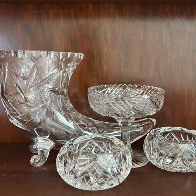 LOT 100: Elegant Cut Crystal Collection: Cornucopia, Compote Dish and Ashtrays