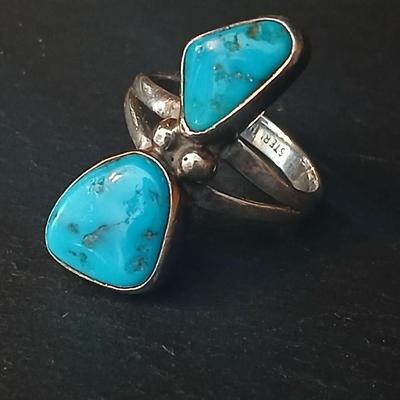 Sterling double turquoise statement ring Size 7
