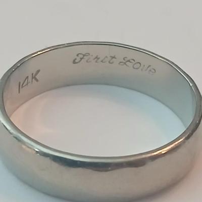 14K engraved "First Love" white gold wedding / engagement band Size 7