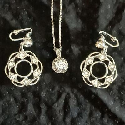 Sarah Coventry Circle Clip on Earrings with rhinestones and a necklace that almost matches