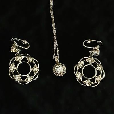 Sarah Coventry Circle Clip on Earrings with rhinestones and a necklace that almost matches