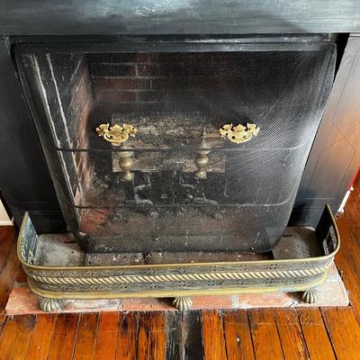 Sale Photo Thumbnail #2049: Fender is 48”W brass, fireplace screen has brass hardware.