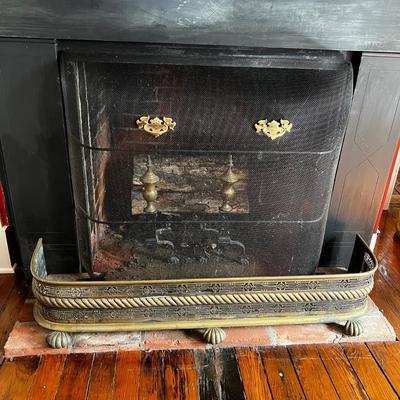 Sale Photo Thumbnail #2047: Fender is 48”W brass, fireplace screen has brass hardware.