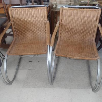Pair of Matching MCM Design Mies van der Rohe Inspired Cantilever Rattan Sitting Chairs