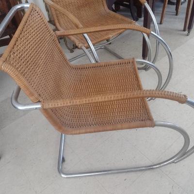 Pair of Matching MCM Design Mies van der Rohe Inspired Cantilever Rattan Sitting Chairs