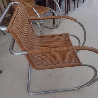 Pair of Matching MCM Design Mies van der Rohe Inspired Cantilever Rattan Sitting Chairs