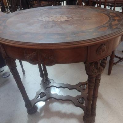 Antique Victorian Style Wood Inlay Accent Table