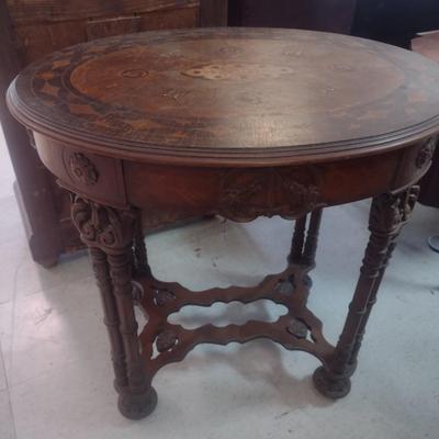 Antique Victorian Style Wood Inlay Accent Table