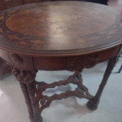 Antique Victorian Style Wood Inlay Accent Table