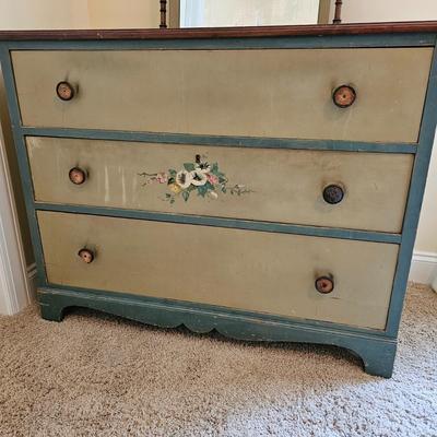 Vintage Hand-Painted Three Drawer Dresser w/Mirror. (UGB2-JS)