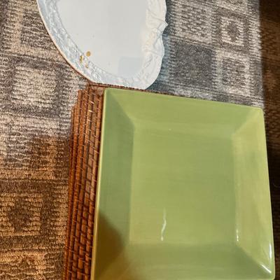 Oval plates, green plates with bamboo holders and serving trays