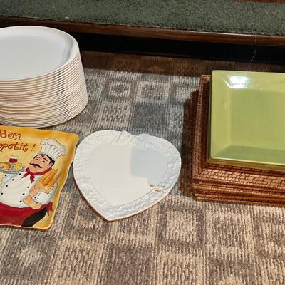 Oval plates, green plates with bamboo holders and serving trays