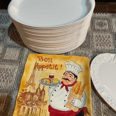 Oval plates, green plates with bamboo holders and serving trays