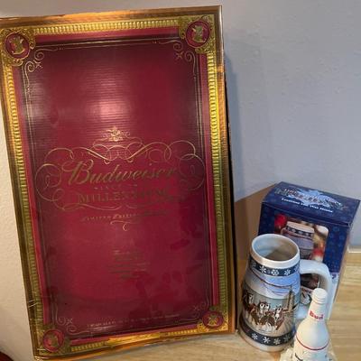 Budweiser stein and bottle deco