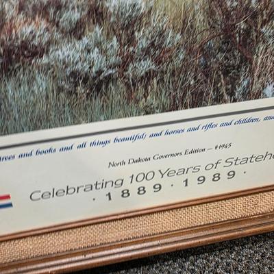 Sale Photo Thumbnail #11: This is a great scenic picture celebrating North Dakota’s State Hood.  Done in 1993 by Jim Erickson it is professionally framed.  This has ND State Seal and signed by George Sinner. There is certificate of Authenticity, this is very nice Art work and wo