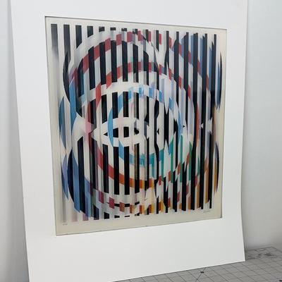 Sale Photo Thumbnail #396: Signed in pencil by the artist, Agam is an Israeli artist best know for his abstract optical art works. Measures 15x15" Some of his works go in the thousands. 