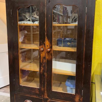 Sale Photo Thumbnail #518: Good Working Condition; Drawers, Pulls, Glass and locks work. All Pine Wood. Dark Walnut Stain. Measures 44 X 19 X 77". 