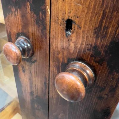 Sale Photo Thumbnail #527: Good Working Condition; Drawers, Pulls, Glass and locks work. All Pine Wood. Dark Walnut Stain. Measures 44 X 19 X 77". 
