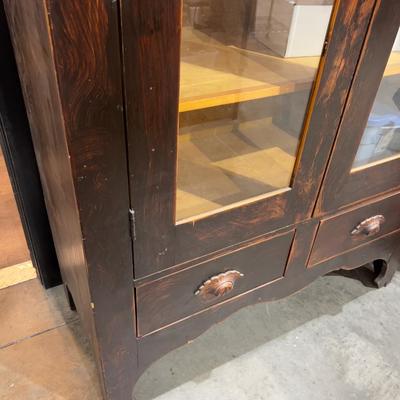 Sale Photo Thumbnail #522: Good Working Condition; Drawers, Pulls, Glass and locks work. All Pine Wood. Dark Walnut Stain. Measures 44 X 19 X 77". 
