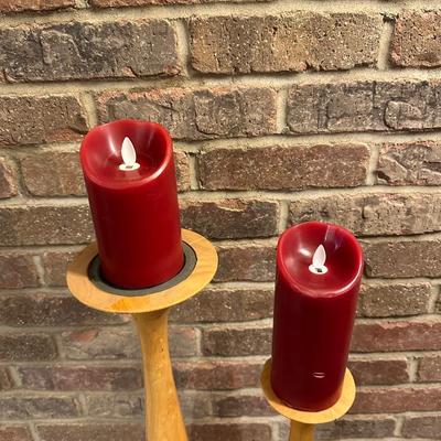 2 TALL WOODEN CANDLE HOLDERS WITH FLAMELESS CANDLES