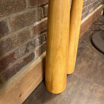 2 TALL WOODEN CANDLE HOLDERS WITH FLAMELESS CANDLES