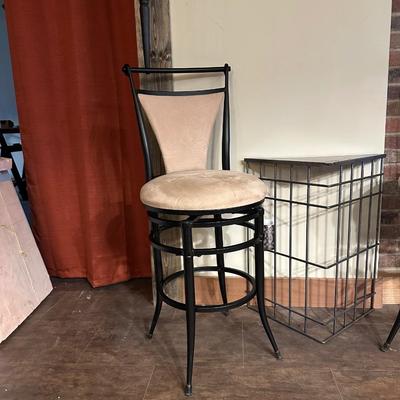 2 MICROFIBER SWIVEL BAR STOOLS WITH A METAL TRIANGLE SIDE TABLE