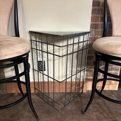 2 MICROFIBER SWIVEL BAR STOOLS WITH A METAL TRIANGLE SIDE TABLE