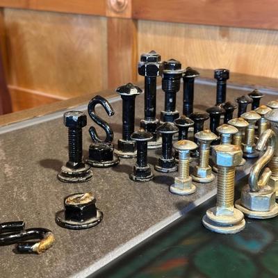 POKER CHIPS IN A WOODEN BOX AND UNIQUE CHESS PIECES