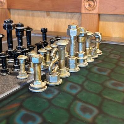 POKER CHIPS IN A WOODEN BOX AND UNIQUE CHESS PIECES