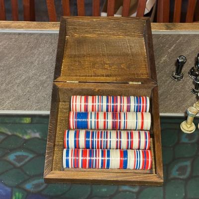 POKER CHIPS IN A WOODEN BOX AND UNIQUE CHESS PIECES
