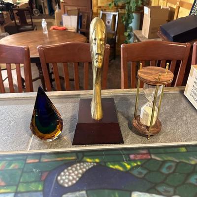 BRASS WOMAN'S BUST, HOURGLASS AND A TEARDROP ART GLASS